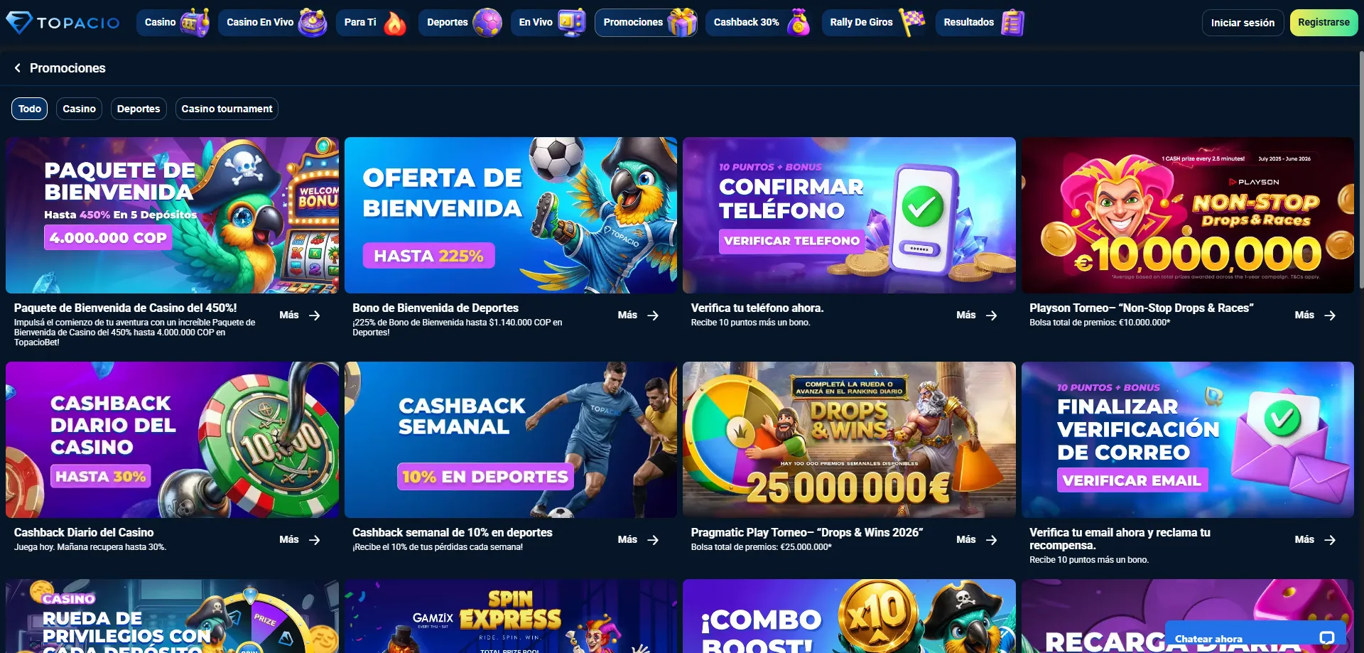 Topacio Casino bono de bienvenida 150000 ARS m&aacute;s 50 giros gratis