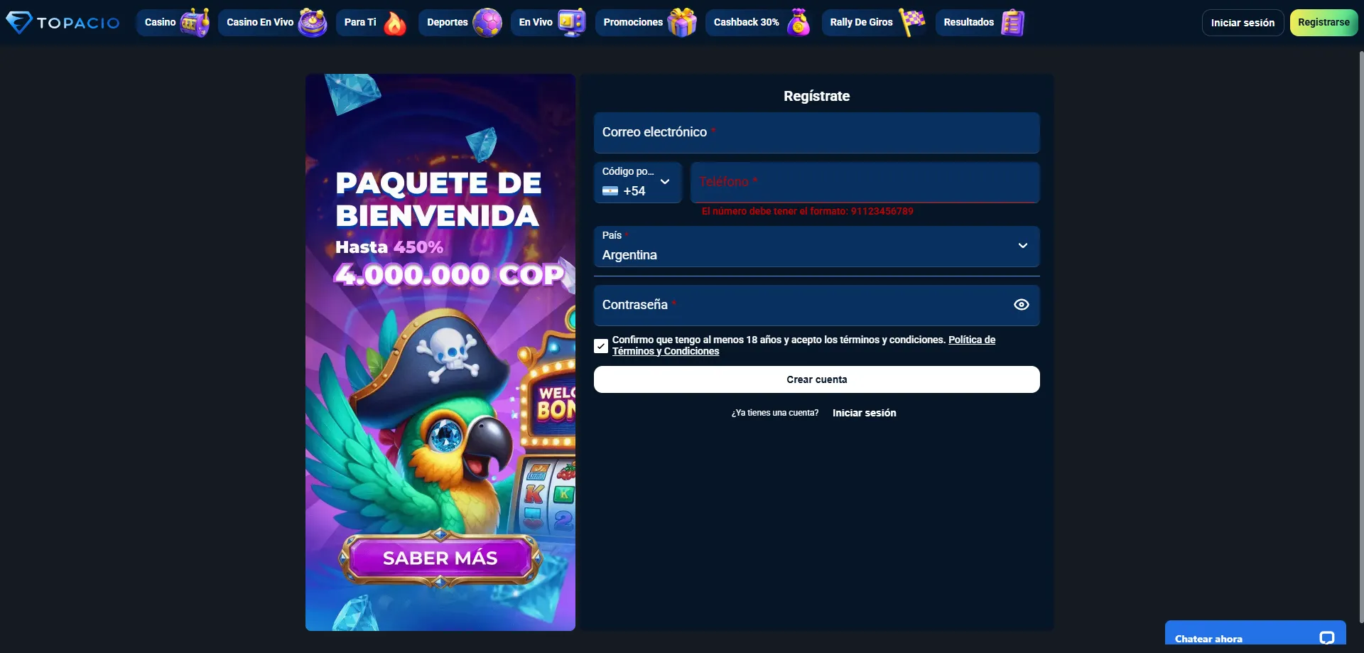 Registro en Topacio Casino paso a paso Colombia 2026