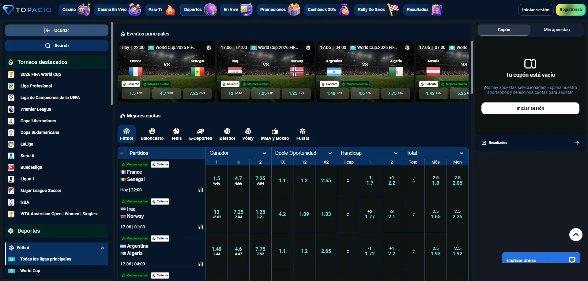 Apuestas deportivas en Topacio Casino mercados Colombia f&uacute;tbol